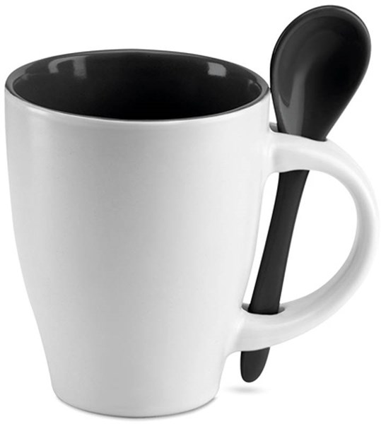 Obrázky: Biely keramický hrnček s čiernym vnútrom+lyžička