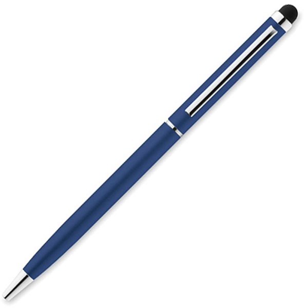 Obrázky: Modré štíhle kovové guličkové pero so stylusom