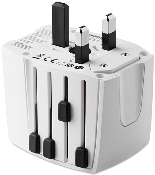 Obrázky: Biely cestovný zásuvkový adaptér s USB nabíjačkou, Obrázok 3