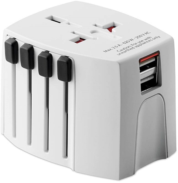Obrázky: Biely cestovný zásuvkový adaptér s USB nabíjačkou, Obrázok 5