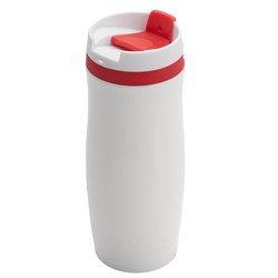 Obrázky: Biely nerezový termohrnček 400 ml, červené doplnky