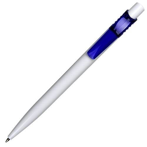 Obrázky: Biele úzke plast. guličkové pero, modrý klip, Obrázok 3