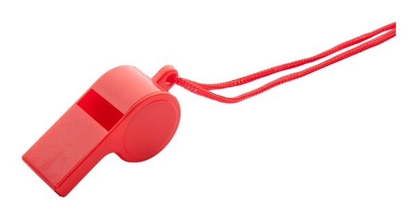 Obrázky: Červená plastová píšťalka so šnúrkou vo farbe