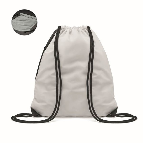 Obrázky: Biely lesklý sťahovací ruksak, bočné vrecko