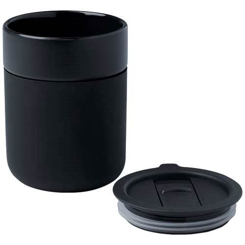 Obrázky: Keramický hrnček 330ml, silik obal, viečko, čierna, Obrázok 2