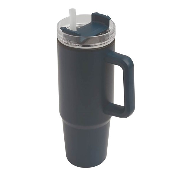 Obrázky: Modrý dvojstenný termohrnček 900ml,slamka a ucho
