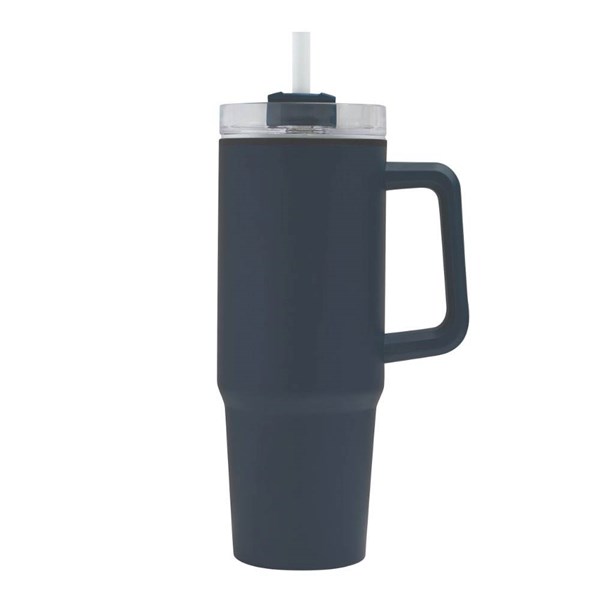 Obrázky: Modrý dvojstenný termohrnček 900ml,slamka a ucho, Obrázok 2
